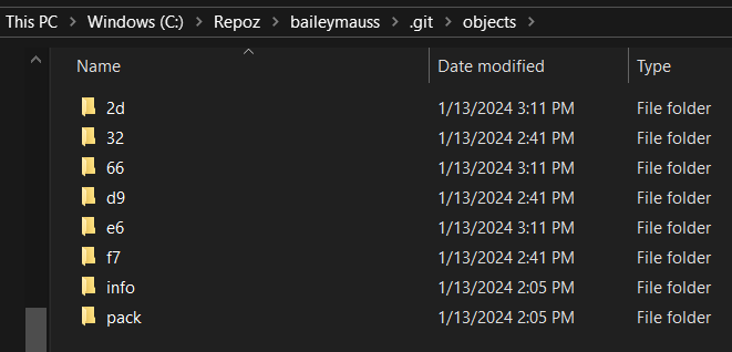 Screenshot of a .git/ directory objects folder